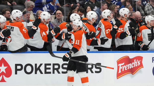 Flyers center Travis Konecny during Philadelphia’s 4-3 overtime loss to the Maple Leafs on Feb. 15, 2024.